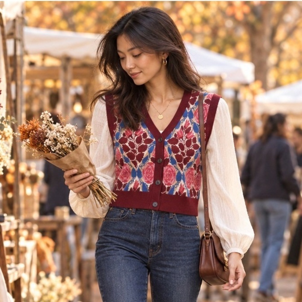 Maeve Anthropologie Floral Button Front Sweater Vest Burgundy Pink Blue Medium